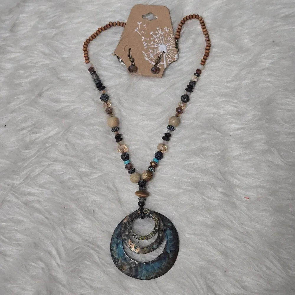 Bohemian Set: Long Blue and Brown Copper Medallion Necklace & Matching Earrings